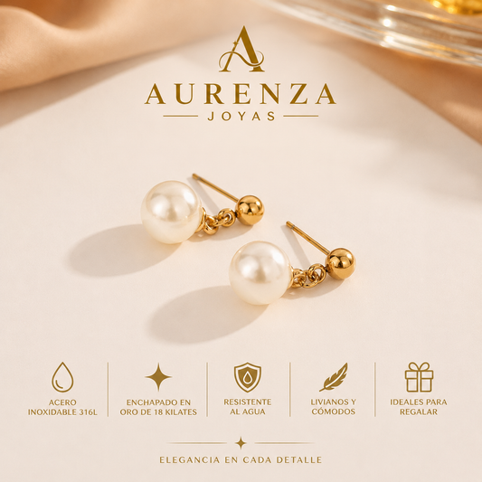 Aretes Perla Celeste bañado oro 18k