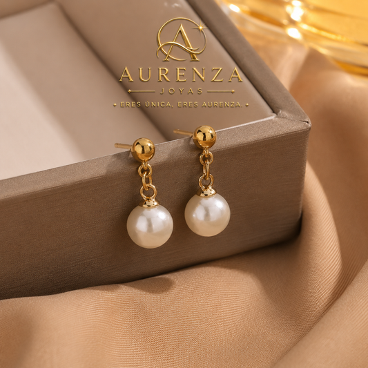 Aretes Perla Celeste bañado oro 18k
