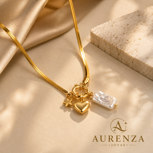 Collar Corazón Piedra| Acero 316L Chapado en Oro 18K